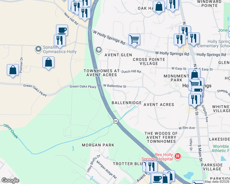 map of restaurants, bars, coffee shops, grocery stores, and more near 200 Beverstone Drive in Holly Springs
