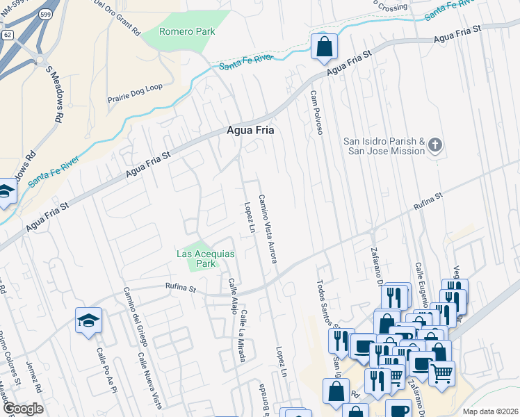 map of restaurants, bars, coffee shops, grocery stores, and more near 996 Camino Vista Aurora in Santa Fe