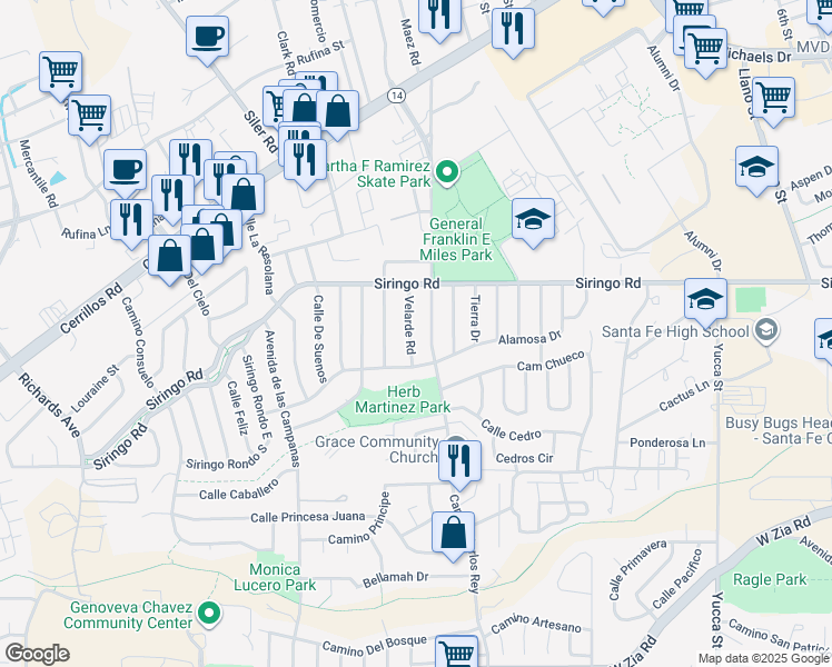 map of restaurants, bars, coffee shops, grocery stores, and more near 1011 Velarde Road in Santa Fe