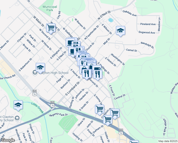 map of restaurants, bars, coffee shops, grocery stores, and more near 347 East Main Street in Clayton
