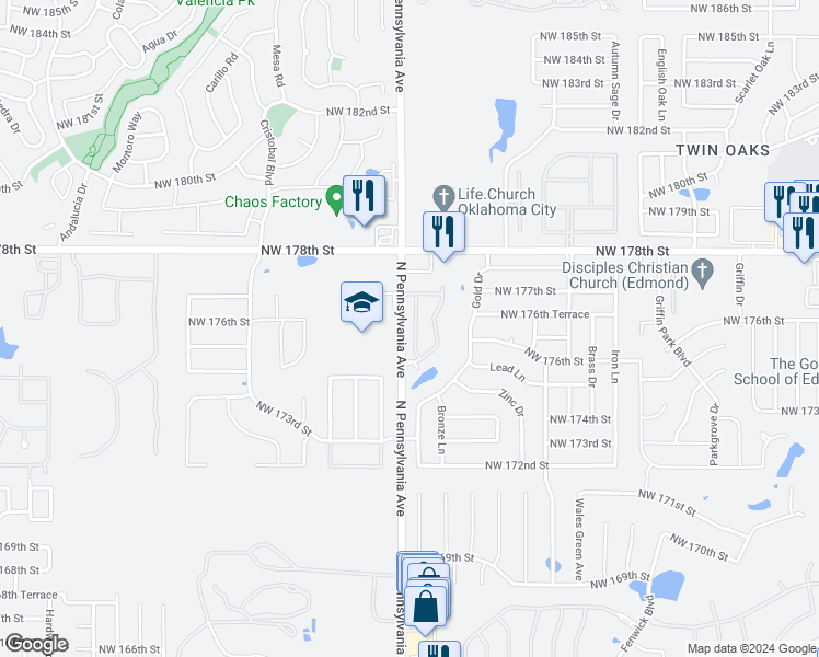 map of restaurants, bars, coffee shops, grocery stores, and more near 17625 Cobalt Avenue in Edmond