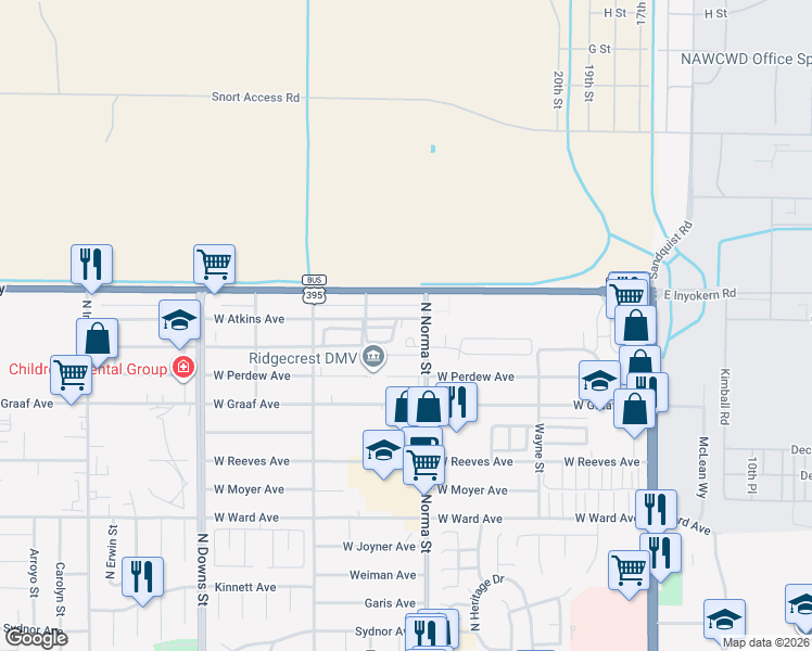 map of restaurants, bars, coffee shops, grocery stores, and more near 509 West Atkins Avenue in Ridgecrest