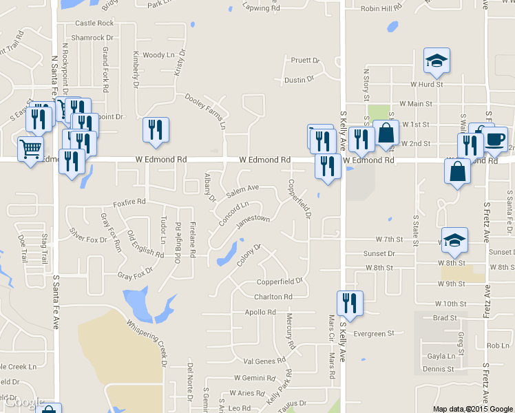 map of restaurants, bars, coffee shops, grocery stores, and more near 1308 Concord Lane in Edmond
