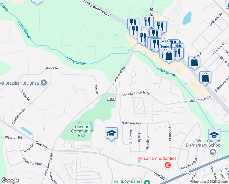 map of restaurants, bars, coffee shops, grocery stores, and more near 37 Yellow Jacket Ridge in Clayton