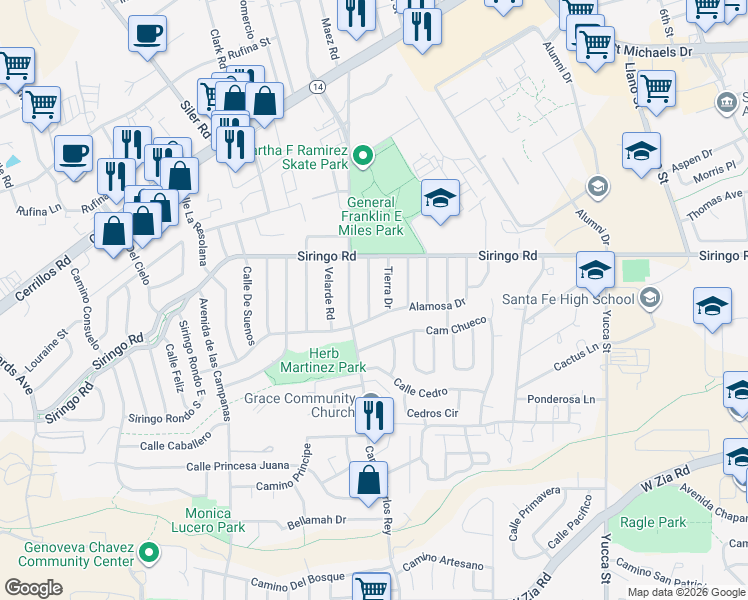 map of restaurants, bars, coffee shops, grocery stores, and more near 1011 Camino Redondo in Santa Fe