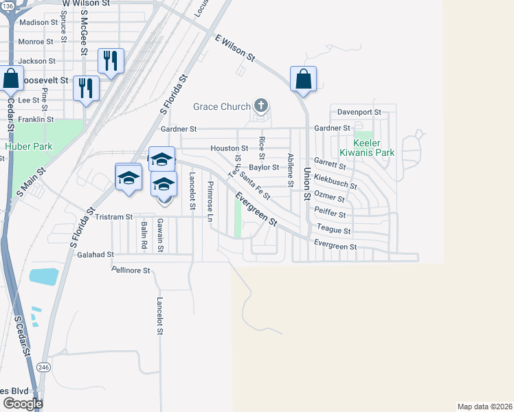 map of restaurants, bars, coffee shops, grocery stores, and more near 657 Evergreen Street in Borger