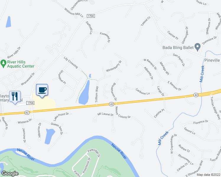 map of restaurants, bars, coffee shops, grocery stores, and more near 131 Brookhaven Drive in Clayton