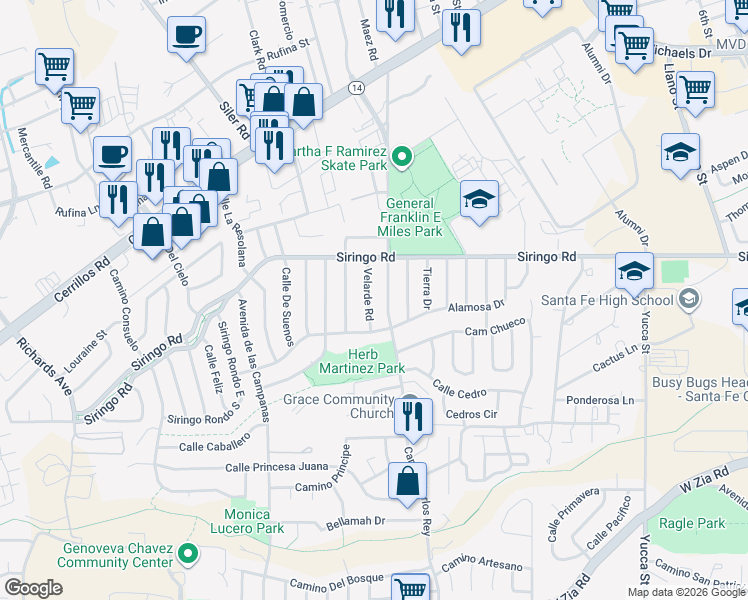 map of restaurants, bars, coffee shops, grocery stores, and more near 1011 Velarde Road in Santa Fe