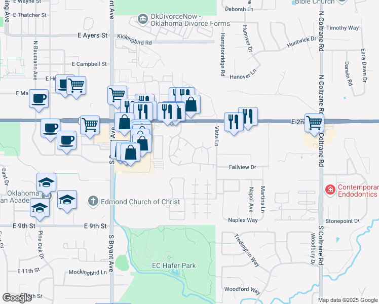 map of restaurants, bars, coffee shops, grocery stores, and more near 1920 East 2nd Street in Edmond
