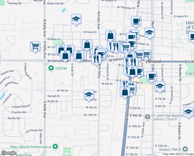 map of restaurants, bars, coffee shops, grocery stores, and more near 487 Fretz Avenue in Edmond