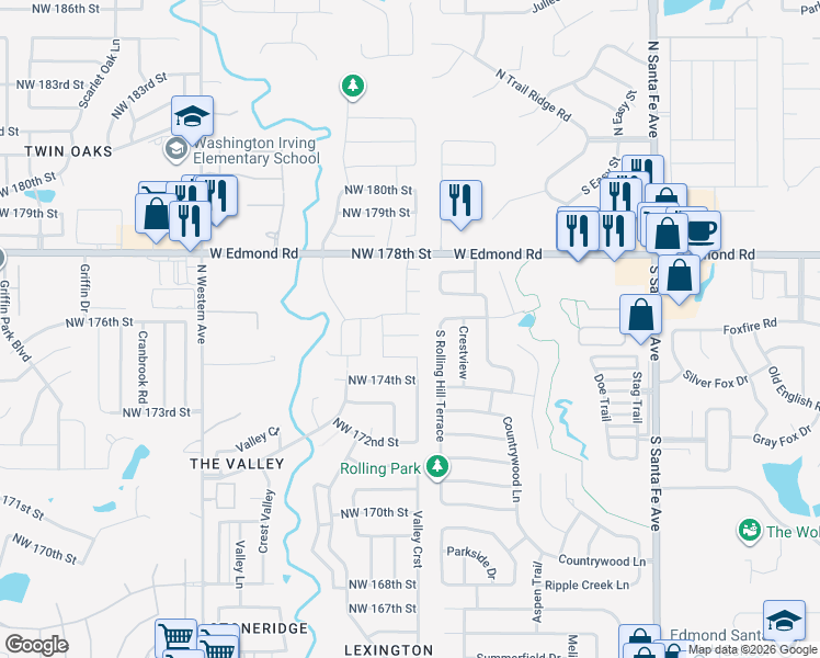 map of restaurants, bars, coffee shops, grocery stores, and more near 500 Northwest 178th Street in Edmond