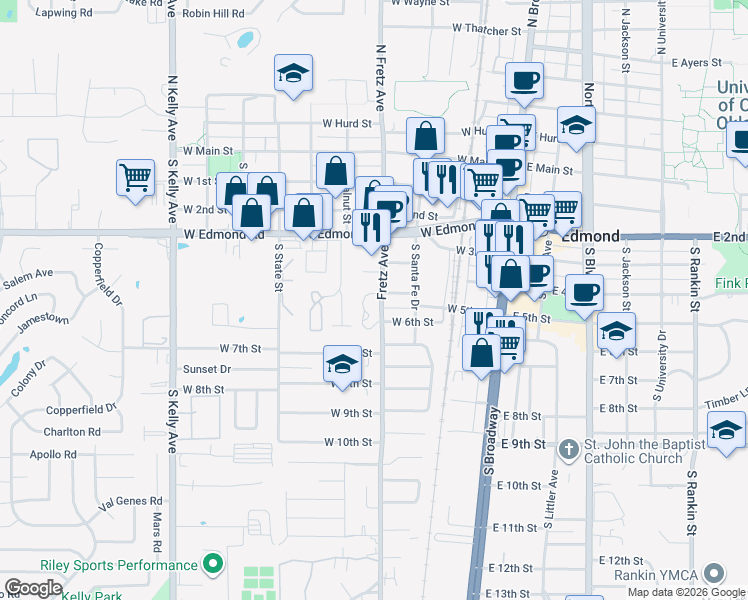 map of restaurants, bars, coffee shops, grocery stores, and more near 487 Fretz Avenue in Edmond