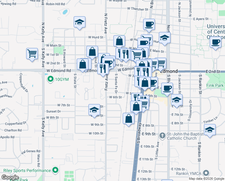 map of restaurants, bars, coffee shops, grocery stores, and more near 208 West 5th Street in Edmond