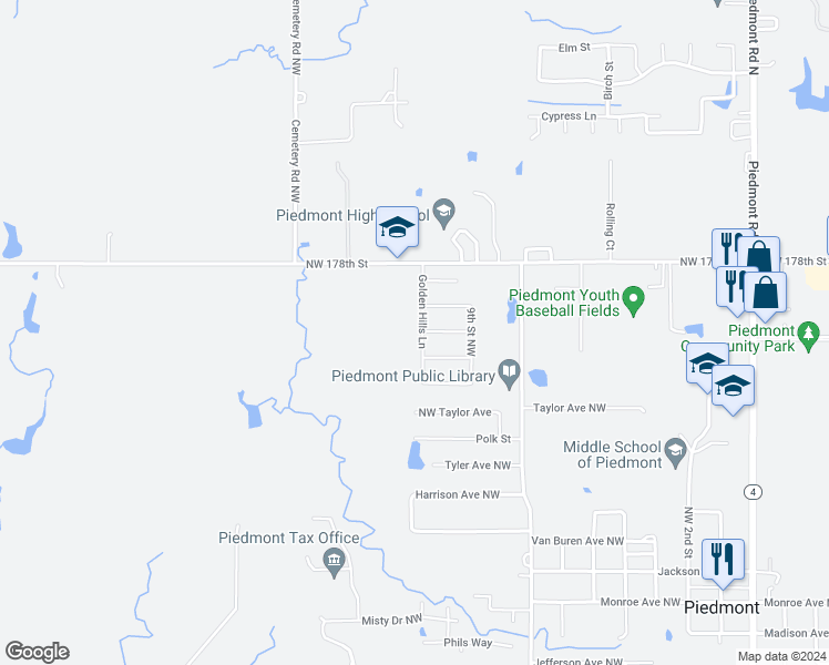 map of restaurants, bars, coffee shops, grocery stores, and more near 1373 Golden Hills Lane in Piedmont