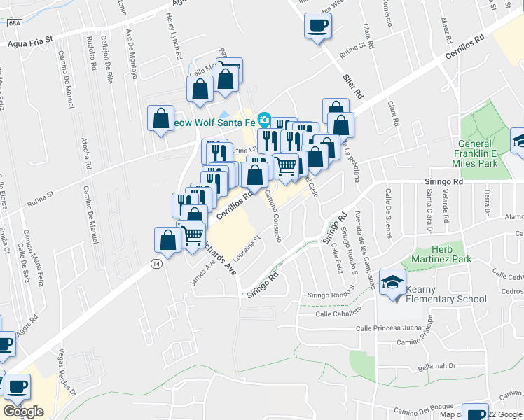 map of restaurants, bars, coffee shops, grocery stores, and more near 1200 Camino Consuelo in Santa Fe