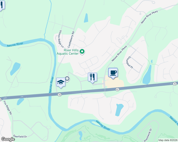 map of restaurants, bars, coffee shops, grocery stores, and more near 95 Wethergate Drive in Clayton