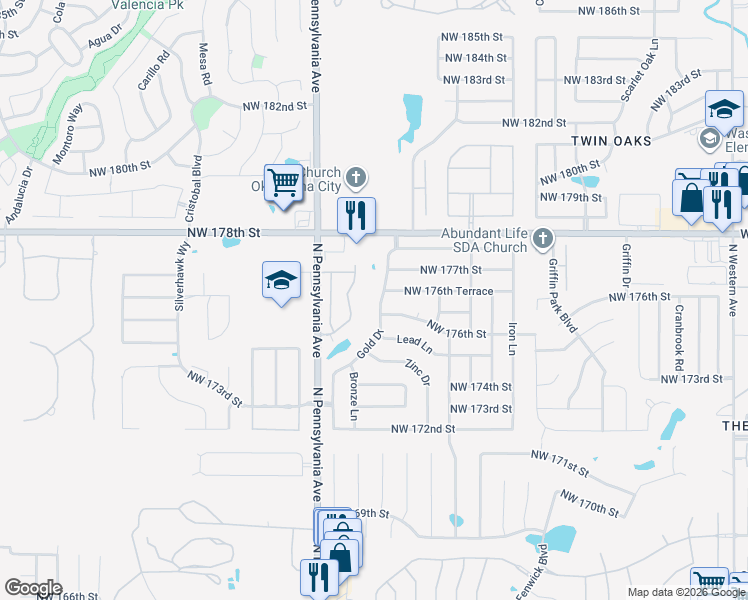 map of restaurants, bars, coffee shops, grocery stores, and more near 1941 Northwest 176th Street in Edmond
