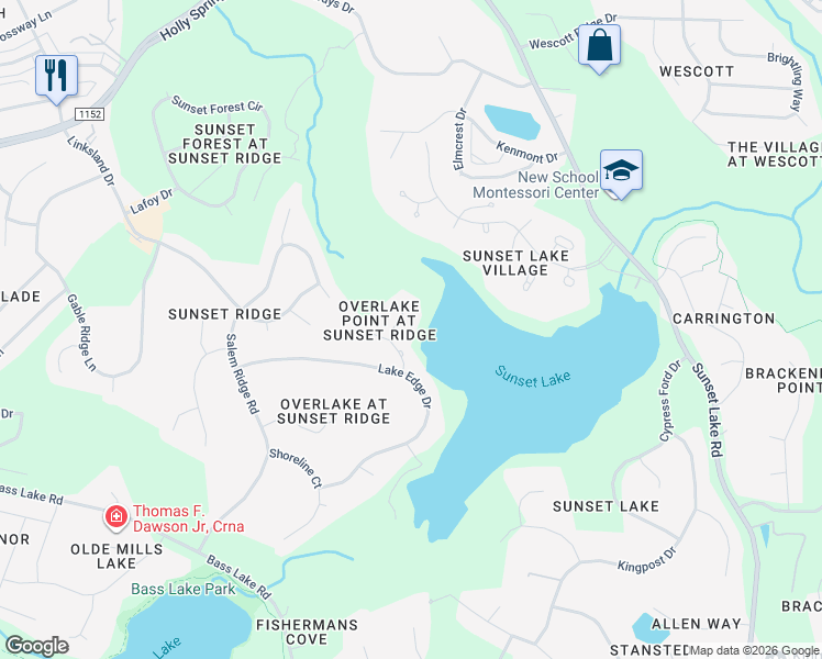 map of restaurants, bars, coffee shops, grocery stores, and more near 4717 Ridge Water Court in Holly Springs