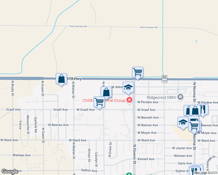 map of restaurants, bars, coffee shops, grocery stores, and more near 1613 North Erwin Street in Ridgecrest