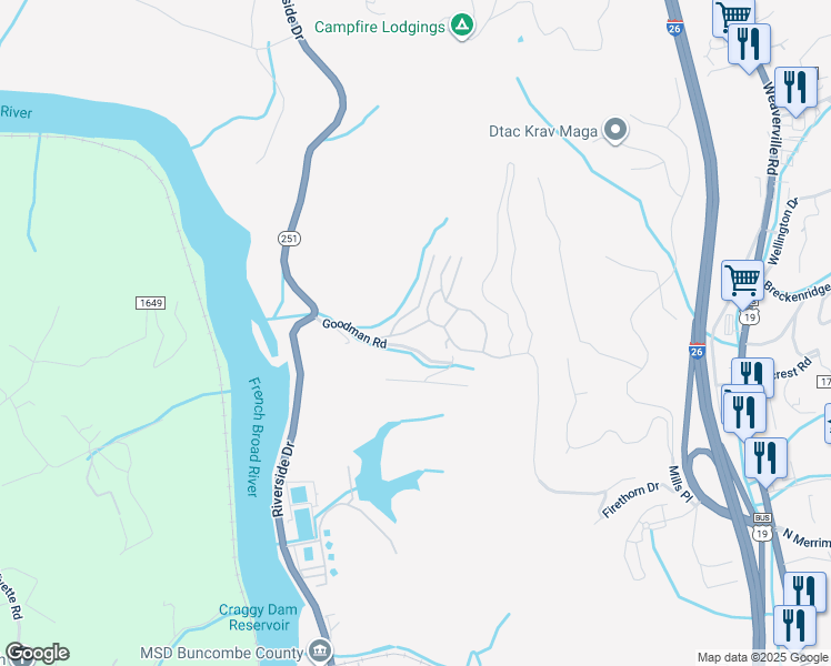 map of restaurants, bars, coffee shops, grocery stores, and more near Goodman Road in Asheville