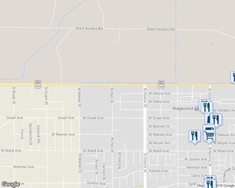 map of restaurants, bars, coffee shops, grocery stores, and more near 1617 North Erwin Street in Ridgecrest