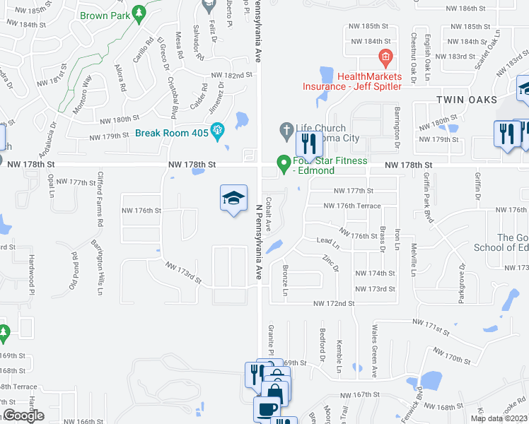 map of restaurants, bars, coffee shops, grocery stores, and more near 17629 Cobalt Avenue in Edmond