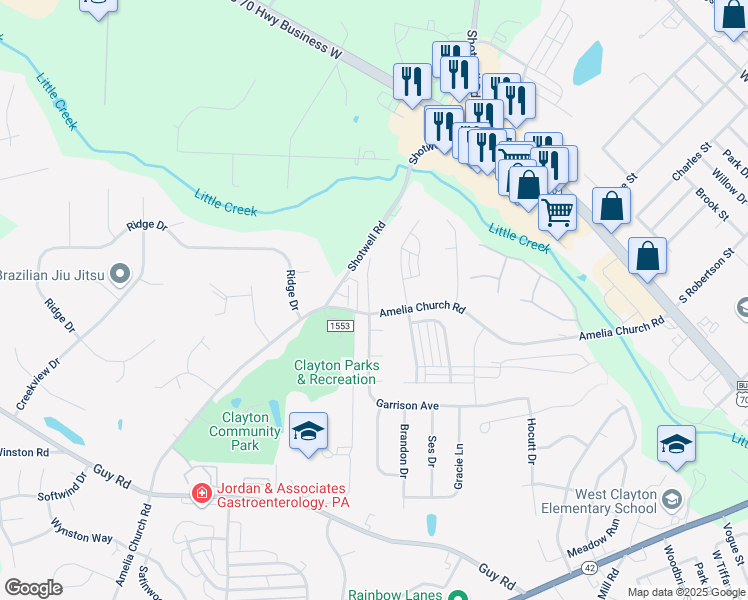 map of restaurants, bars, coffee shops, grocery stores, and more near Yellow Jacket Ridge in Clayton