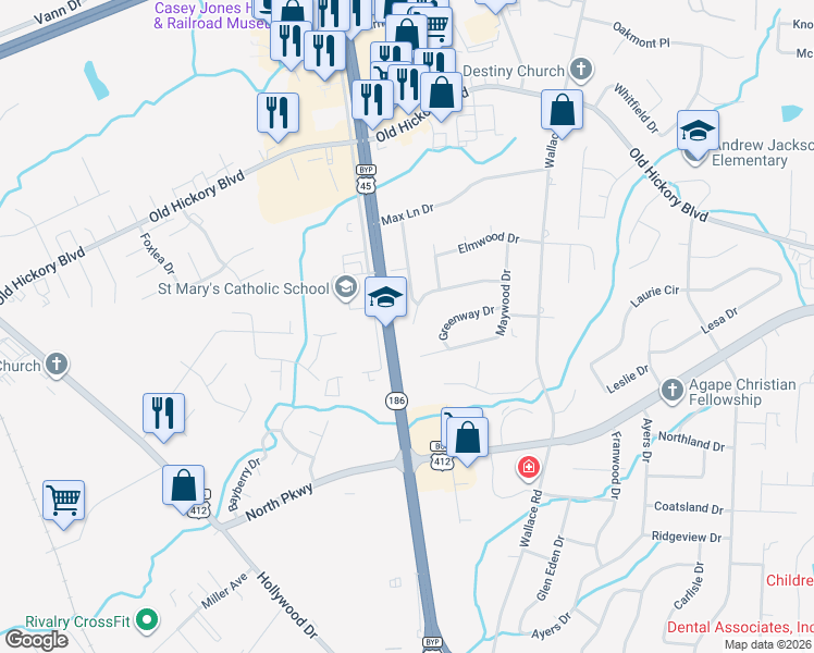 map of restaurants, bars, coffee shops, grocery stores, and more near 95 Villagewood Drive in Jackson