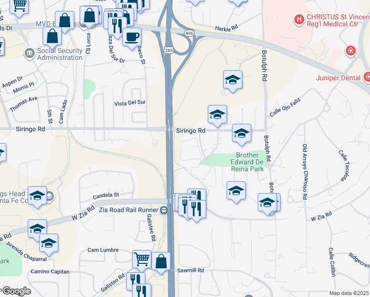 map of restaurants, bars, coffee shops, grocery stores, and more near 2210 Miguel Chavez Road in Santa Fe