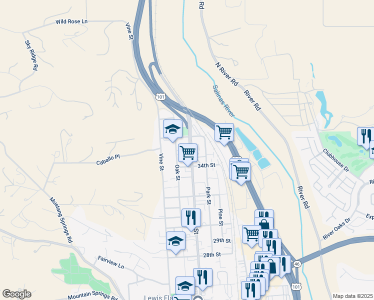 map of restaurants, bars, coffee shops, grocery stores, and more near 3440 Spring Street in Paso Robles