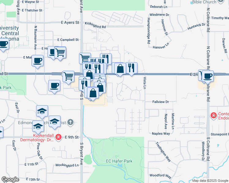 map of restaurants, bars, coffee shops, grocery stores, and more near 1730 East 2nd Street in Edmond