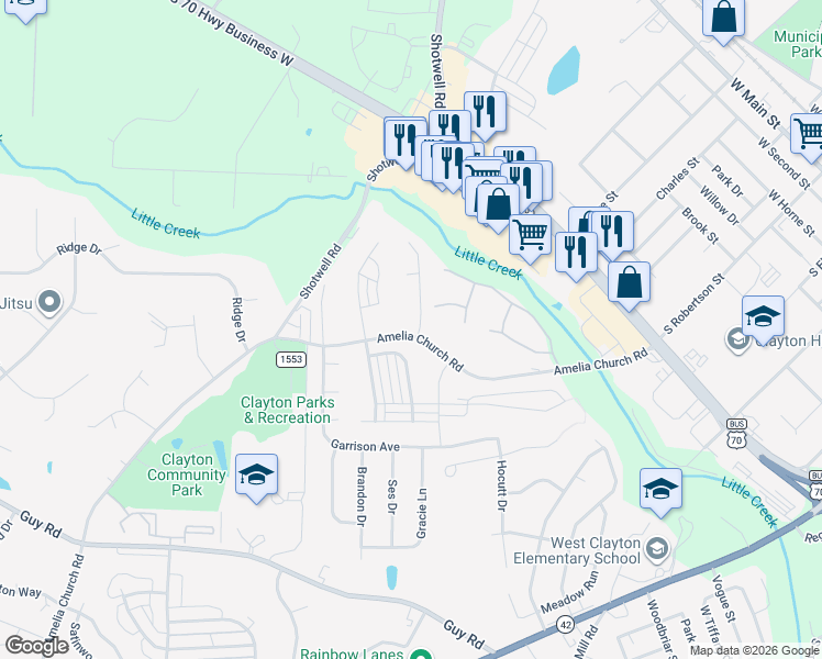 map of restaurants, bars, coffee shops, grocery stores, and more near 436 Amelia Church Road in Clayton