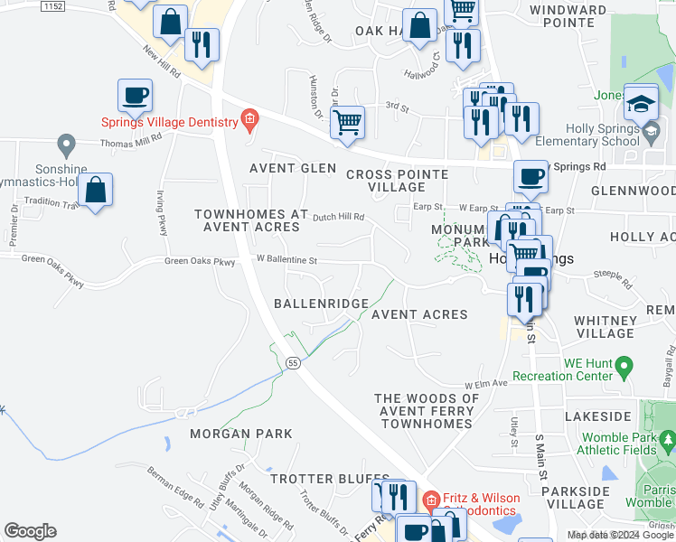 map of restaurants, bars, coffee shops, grocery stores, and more near 116 Tiverton Woods Drive in Holly Springs