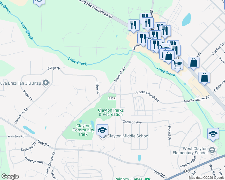 map of restaurants, bars, coffee shops, grocery stores, and more near 40 Shotwell Road in Clayton