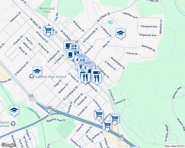 map of restaurants, bars, coffee shops, grocery stores, and more near 106 North Lombard Street in Clayton