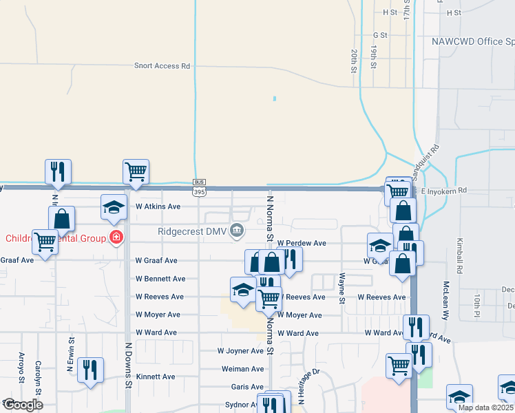 map of restaurants, bars, coffee shops, grocery stores, and more near 511 West Atkins Avenue in Ridgecrest