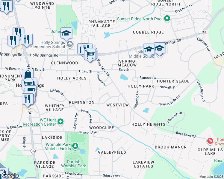 map of restaurants, bars, coffee shops, grocery stores, and more near 309 Peakhill Road in Holly Springs