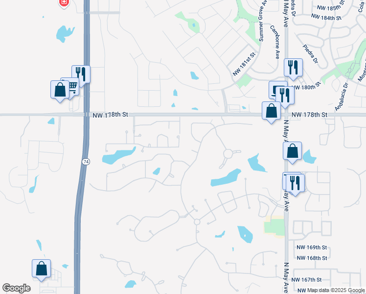map of restaurants, bars, coffee shops, grocery stores, and more near 17704 Morning Sky Lane in Edmond