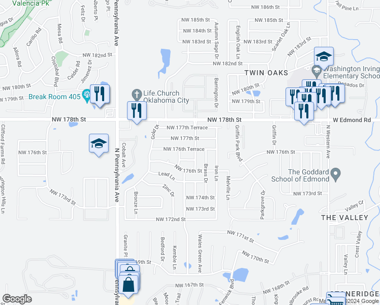 map of restaurants, bars, coffee shops, grocery stores, and more near 1804 Northwest 176th Terrace in Edmond