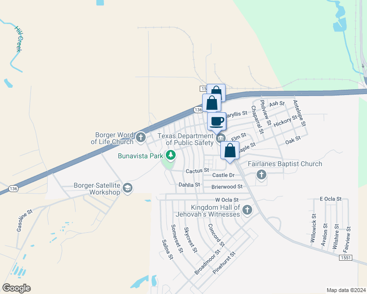 map of restaurants, bars, coffee shops, grocery stores, and more near 300 Caliche Street in Borger