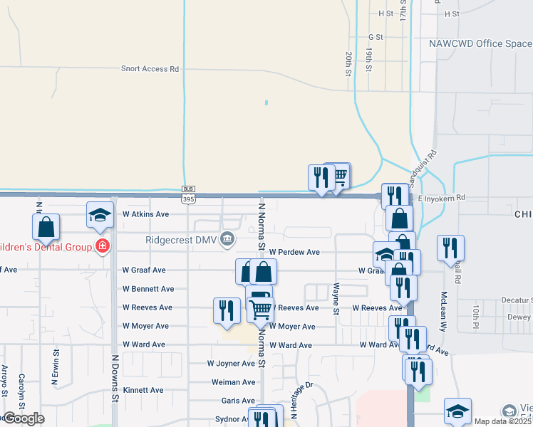 map of restaurants, bars, coffee shops, grocery stores, and more near 1630 North Norma Street in Ridgecrest