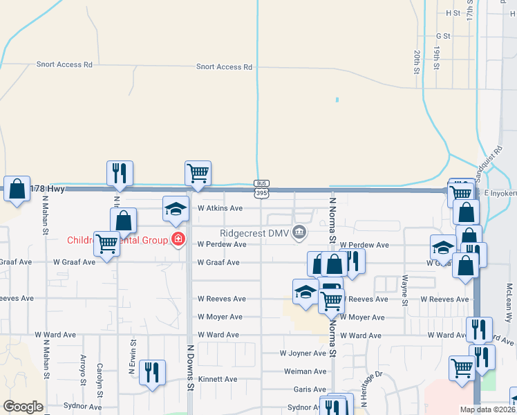 map of restaurants, bars, coffee shops, grocery stores, and more near 709 Atkins Street in Ridgecrest