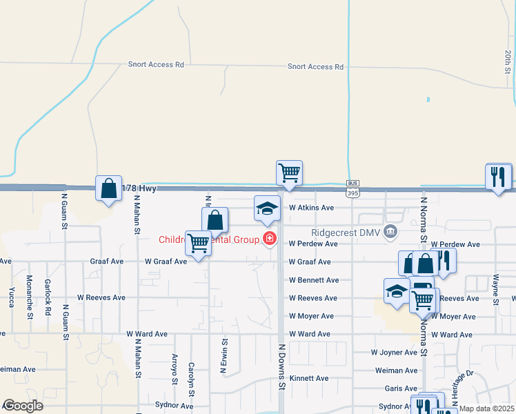 map of restaurants, bars, coffee shops, grocery stores, and more near 921 West Atkins Avenue in Ridgecrest