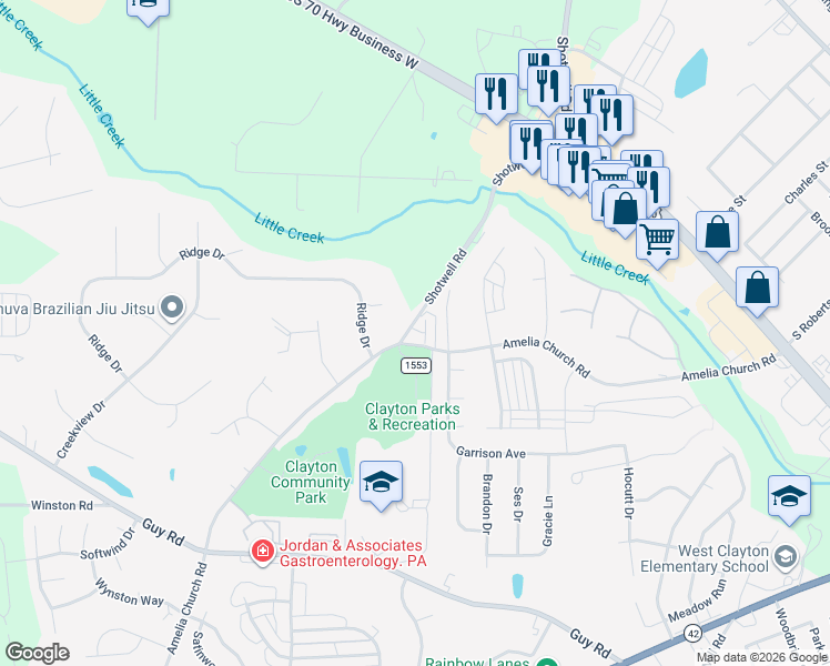 map of restaurants, bars, coffee shops, grocery stores, and more near 40 Shotwell Road in Clayton