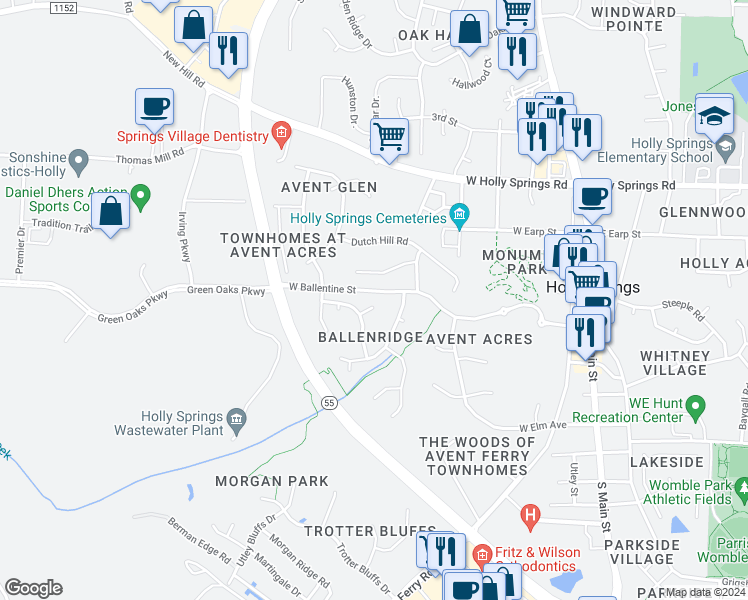 map of restaurants, bars, coffee shops, grocery stores, and more near 112 Tiverton Woods Drive in Holly Springs