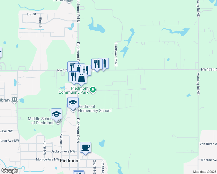 map of restaurants, bars, coffee shops, grocery stores, and more near 404 Auburn Lane in Piedmont