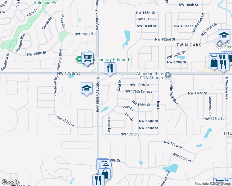 map of restaurants, bars, coffee shops, grocery stores, and more near 17629 Gold Drive in Edmond