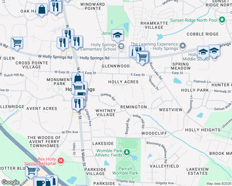 map of restaurants, bars, coffee shops, grocery stores, and more near 301 Wolfbridge Road in Holly Springs