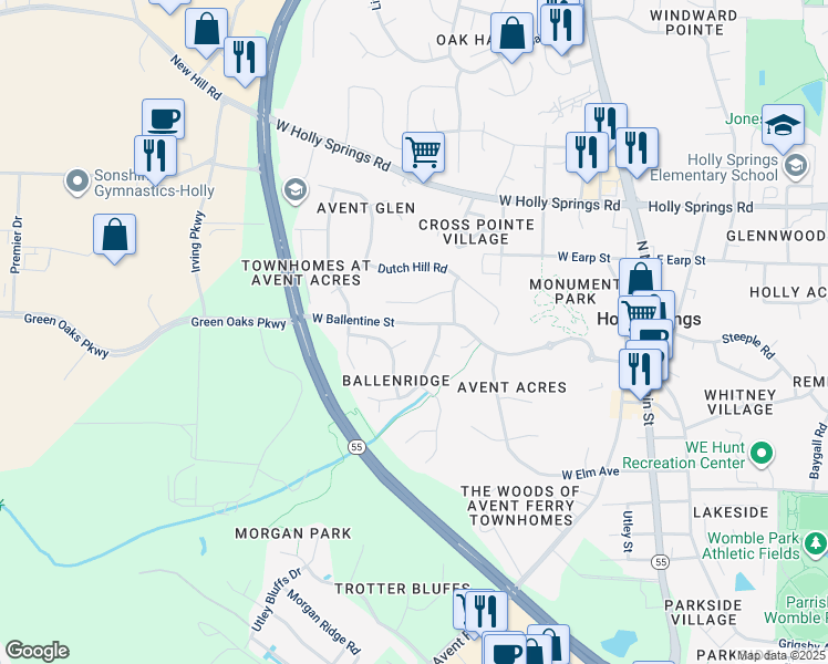 map of restaurants, bars, coffee shops, grocery stores, and more near 116 Tiverton Woods Drive in Holly Springs