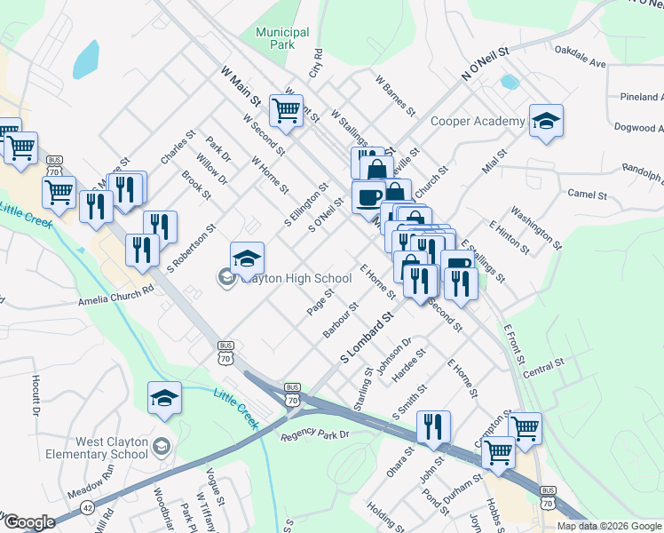map of restaurants, bars, coffee shops, grocery stores, and more near 118 Clay Street in Clayton